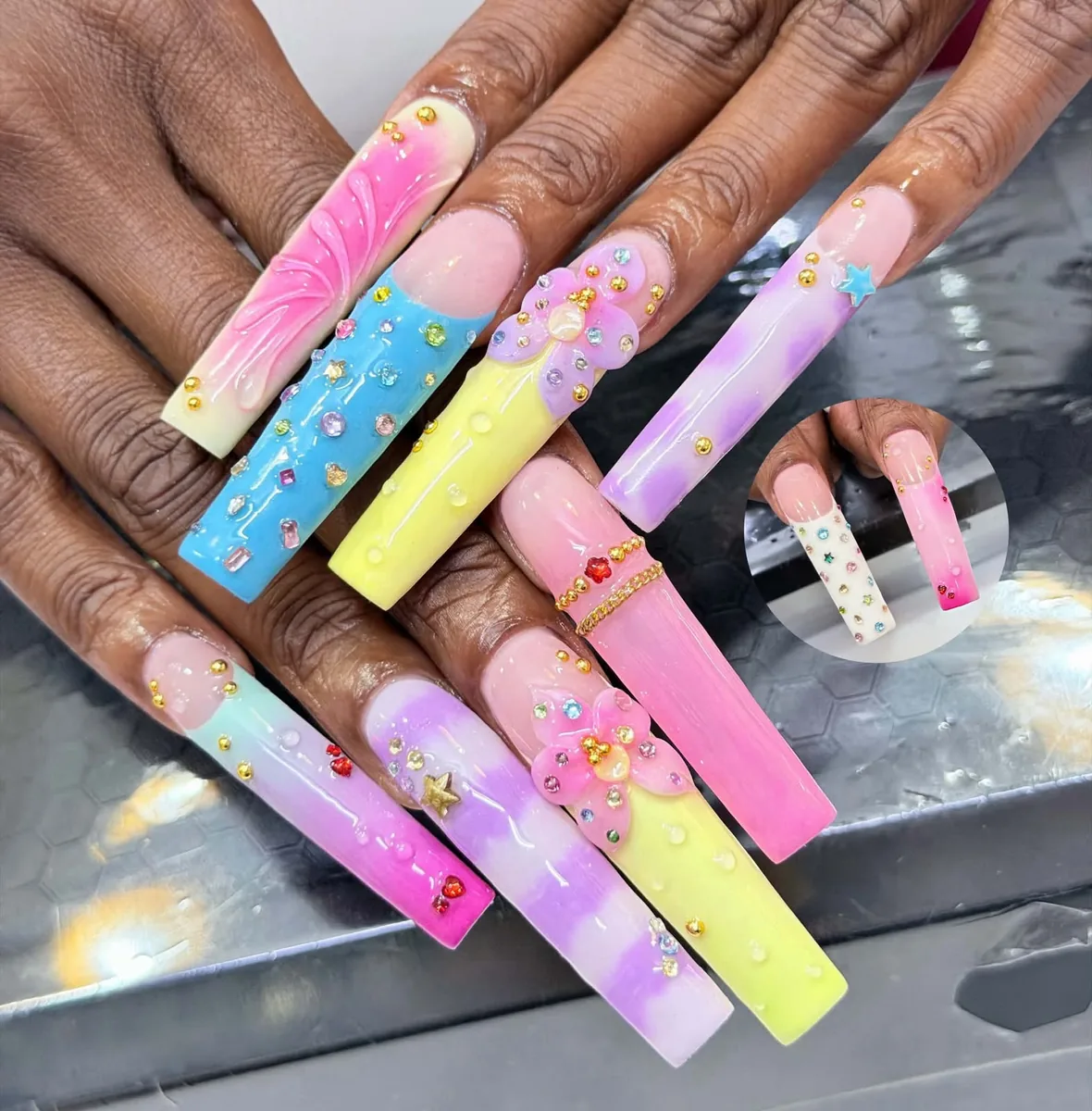 Champagne glitter squoval nails for solo vacation relaxation