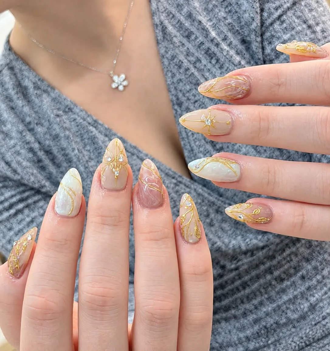 Sunset coral peach glaze nail art with crystal clear photo consultation